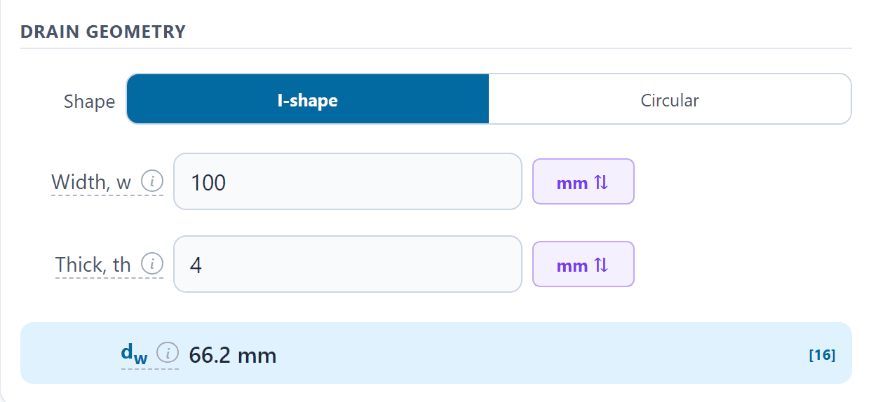Drain geometry input: band width and thickness converted to an equivalent diameter